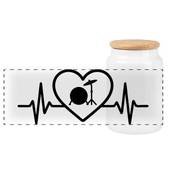 Heart Drums Bass Drum Cymbals - Panoramic Cookie Jar with Wooden Lid - white - Front