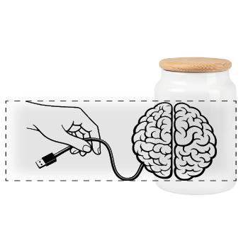 Brain Head Cable Connector Artificial Intelligence - Panoramic Cookie Jar with Wooden Lid - white - Front