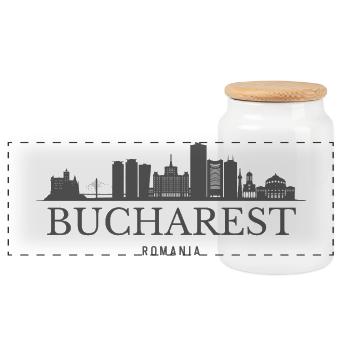 Bukarest-Rumänien-Skyline, Bukarester Silhouette - Panorama Keksdose mit Holzdeckel - Weiß - Vorne