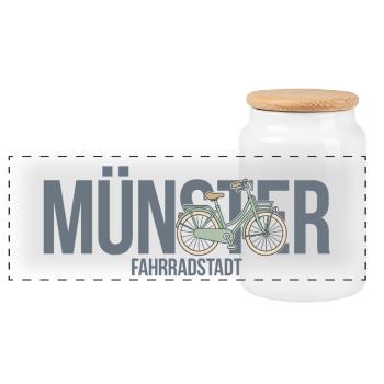 Münster Motiv 2 Fahrradstadt Typo mit Fahrrad - Panorama Keksdose mit Holzdeckel - Weiß - Vorne