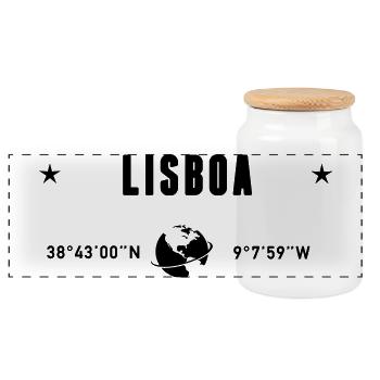 Lisboa Portugal Coordinates Planet Earth - Panoramic Cookie Jar with Wooden Lid - white - Front