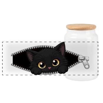 Cute Kitten Zipper Cat - Panoramic Cookie Jar with Wooden Lid - white - Front