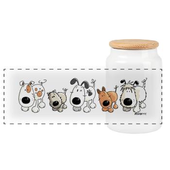 "Funny Dogs" - Dog - Doggy - Cartoon - Panoramic Cookie Jar with Wooden Lid - white - Front