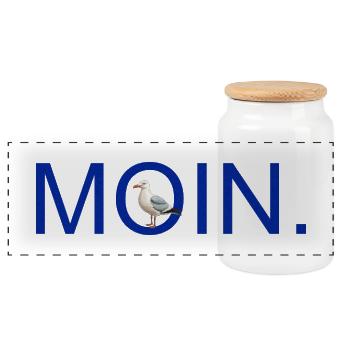 MOIN. mit Möve - Panorama Keksdose mit Holzdeckel - Weiß - Vorne