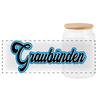 Graubünden Script with Blue Outline - Panoramic Cookie Jar with Wooden Lid - white - Front
