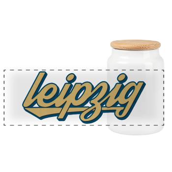 Leipzig Retro Script – Vintage Stadtlogo - Panorama Keksdose mit Holzdeckel - Weiß - Vorne