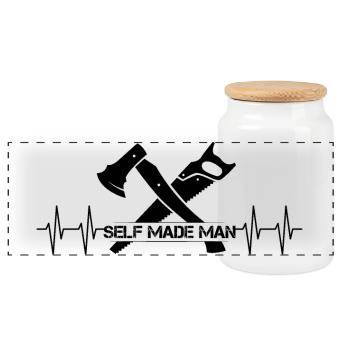 Selfmade Man Symbol Logo Heartbeat Artisan - Panoramic Cookie Jar with Wooden Lid - white - Front