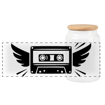 Cassette de musique rétro avec ailes | Années 80 et 90 - Boîte à biscuits avec couvercle en bois - blanc - Devant