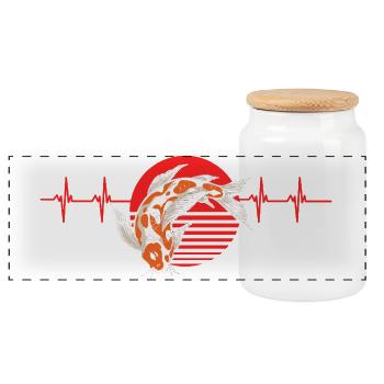 Heartbeat Koi Fish Red Sun Zen Japanese Style - Panoramic Cookie Jar with Wooden Lid - white - Front