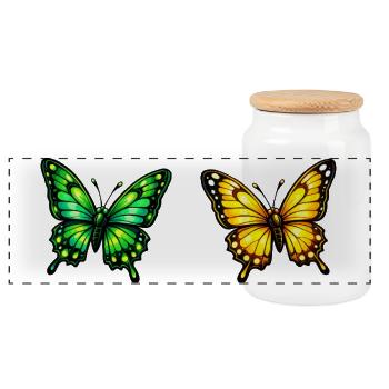 Living Butterflies: Green & Yellow - Panoramic Cookie Jar with Wooden Lid - white - Front