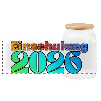 Einschulung 2026 - Erster Schultag! - Panorama Keksdose mit Holzdeckel - Weiß - Vorne