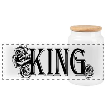 King Text with Roses (Partner Motif) - Panoramic Cookie Jar with Wooden Lid - white - Front