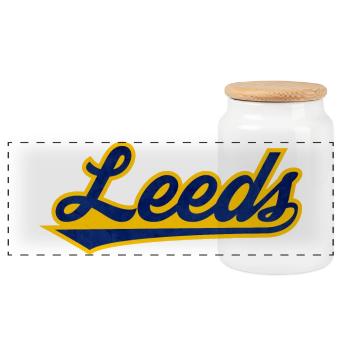 Leeds Script Logo Blau Gelb - Panorama Keksdose mit Holzdeckel - Weiß - Vorne