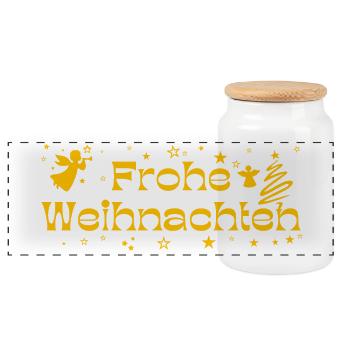 Frohe Weihnachten gelber Text mit Sternen Engeln - Panorama Keksdose mit Holzdeckel - Weiß - Vorne