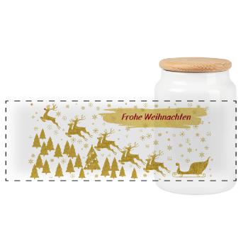 Goldfarben Rentiere Schlitten Frohe Weihnachten - Panorama Keksdose mit Holzdeckel - Weiß - Vorne