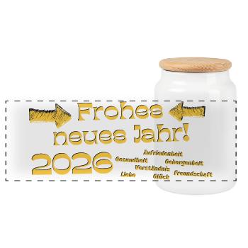 Frohes neues Jahr 2026 Neujahrswünsche golden Text - Panorama Keksdose mit Holzdeckel - Weiß - Vorne