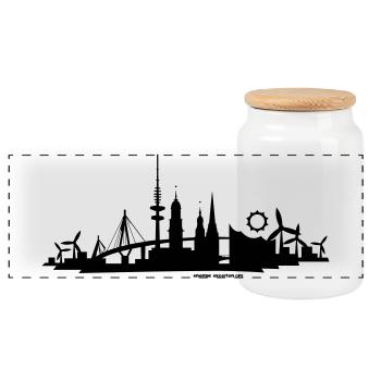 Skyline "Hamburg" - Panorama Keksdose mit Holzdeckel - Weiß - Vorne