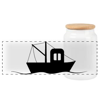 Fishing Cutter Silhouette, Small Ship - Panoramic Cookie Jar with Wooden Lid - white - Front