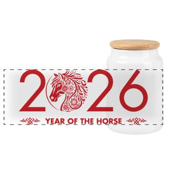 Chinese New year of the Horse 2026 - Panoramic Cookie Jar with Wooden Lid - white - Front
