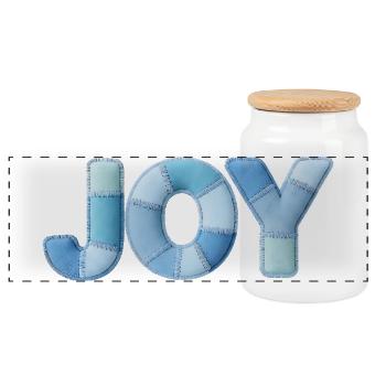 Blue Patchwork Joy Lettering - Panoramic Cookie Jar with Wooden Lid - white - Front