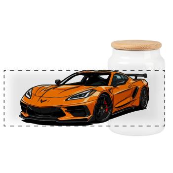 Orangener Sportwagen Illustration - Panorama Keksdose mit Holzdeckel - Weiß - Vorne