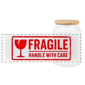 Fragile Handle with Care Versandmarkenvektor - Panorama Keksdose mit Holzdeckel - Weiß - Vorne