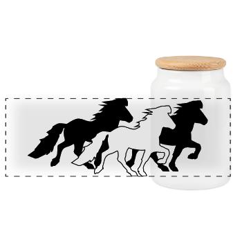 3 noble Icelandic horses in tölt - Panoramic Cookie Jar with Wooden Lid - white - Front