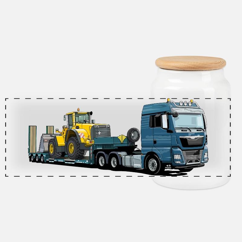 Tieflader mit Bagger - Panorama Keksdose mit Holzdeckel - Weiß