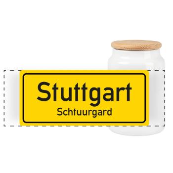 Ortsschild Stuttgart Deutschland - Panorama Keksdose mit Holzdeckel - Weiß - Vorne