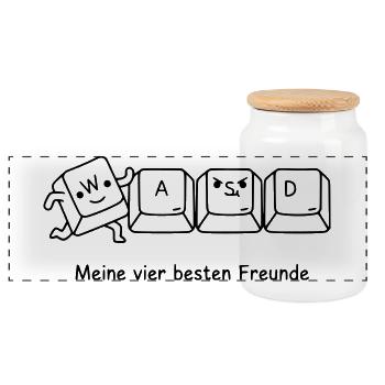 Gamer Friends: WASD | Funny saying for gamers - Panoramic Cookie Jar with Wooden Lid - white - Front