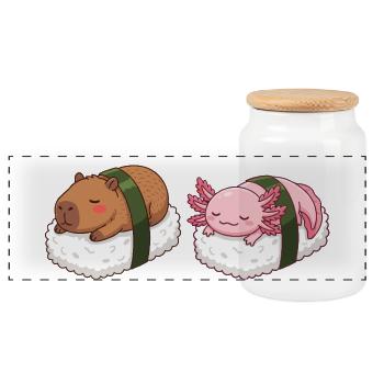 Kawaii Sushi Capybara & Axolotl Cute Sleeping - Panoramic Cookie Jar with Wooden Lid - white - Front