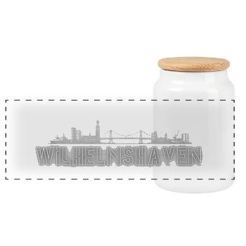 Wilhelmshaven Skyline | Maritimes Nordsee Design - Panorama Keksdose mit Holzdeckel - Weiß - Vorne
