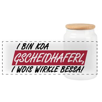 GSCHEIDHAFERL - I WOIS WIRKLE BESSA - Panorama Keksdose mit Holzdeckel - Weiß - Vorne