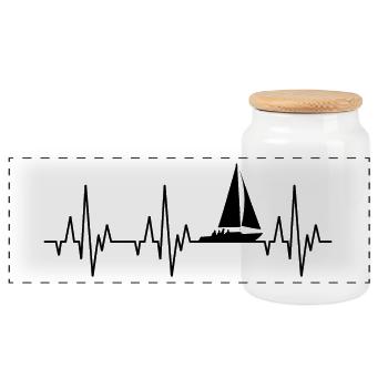Heartbeat ECG sailing sailboat sailing ship - Panoramic Cookie Jar with Wooden Lid - white - Front