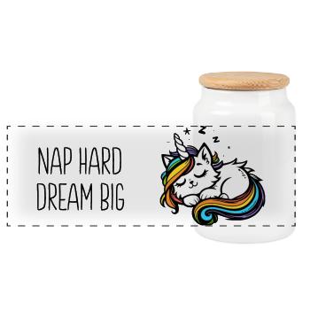 Nap hard dream big, schlafende Einhornkatze (bunt) - Panorama Keksdose mit Holzdeckel - Weiß - Vorne