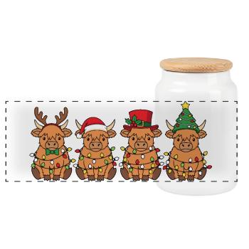 Lumières de Noël du Père Noël Highland Cattle - Boîte à biscuits avec couvercle en bois - blanc - Devant