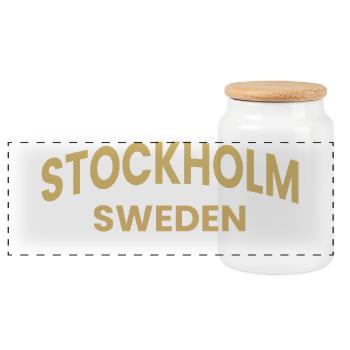 Stockholm – Sweden Text Design - Panoramic Cookie Jar with Wooden Lid - white - Front