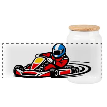 Red racing kart driver in speed sports - Panoramic Cookie Jar with Wooden Lid - white - Front