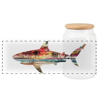Shark Sunset Palm Trees Beach Tropical Idyll - Panoramic Cookie Jar with Wooden Lid - white - Front