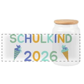Schulkind 2026 Pastell Schrift Junge Schultüte - Panorama Keksdose mit Holzdeckel - Weiß - Vorne