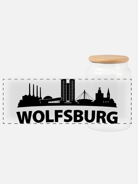 Wolfsburg Skyline - Panorama Keksdose mit Holzdeckel - Weiß