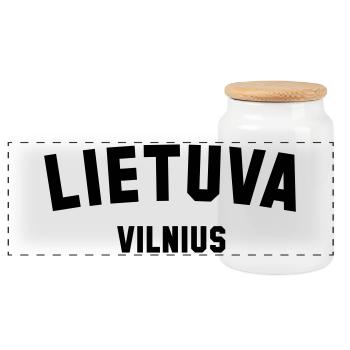 VILNIUS, Lietuva, Lithuania, Lithuania - Panoramic Cookie Jar with Wooden Lid - white - Front