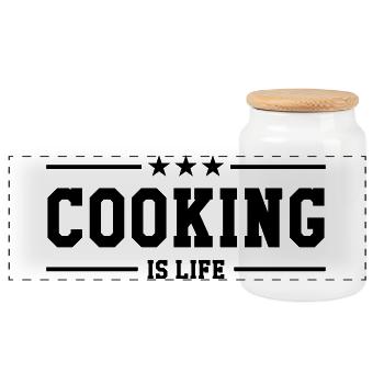 Cooking is life - Panoramic Cookie Jar with Wooden Lid - white - Front