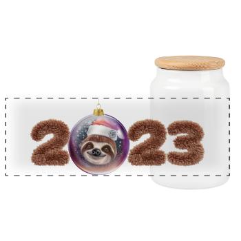2023 Weihnachtskugel niedliches Faultier - Panorama Keksdose mit Holzdeckel - Weiß - Vorne