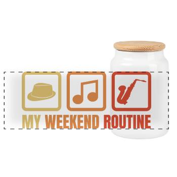Saxophonist Weekend Routine - Panoramic Cookie Jar with Wooden Lid - white - Front