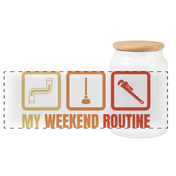 Plumber Weekend Routine - Panoramic Cookie Jar with Wooden Lid - white - Front