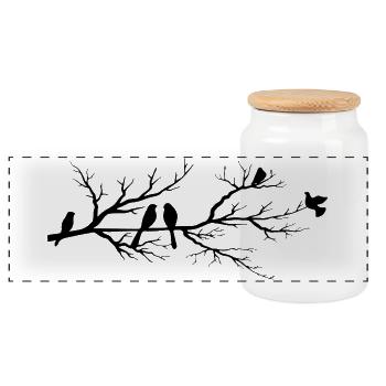 Black birds on the branch - Panoramic Cookie Jar with Wooden Lid - white - Front