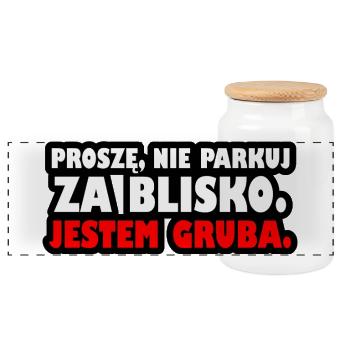 Please don't park too close. I'm fat. - Panoramic Cookie Jar with Wooden Lid - white - Front