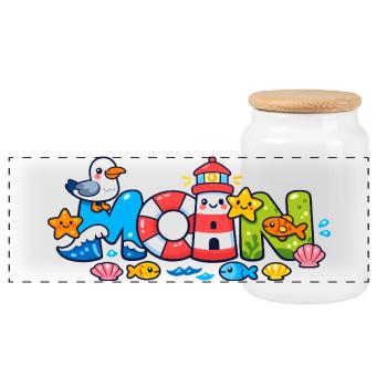 MOIN Möwe Leuchtturm Maritim Bunt - Panorama Keksdose mit Holzdeckel - Weiß - Vorne