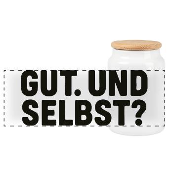 GUT. UND SELBST? Typografie-Frage - Panorama Keksdose mit Holzdeckel - Weiß - Vorne
